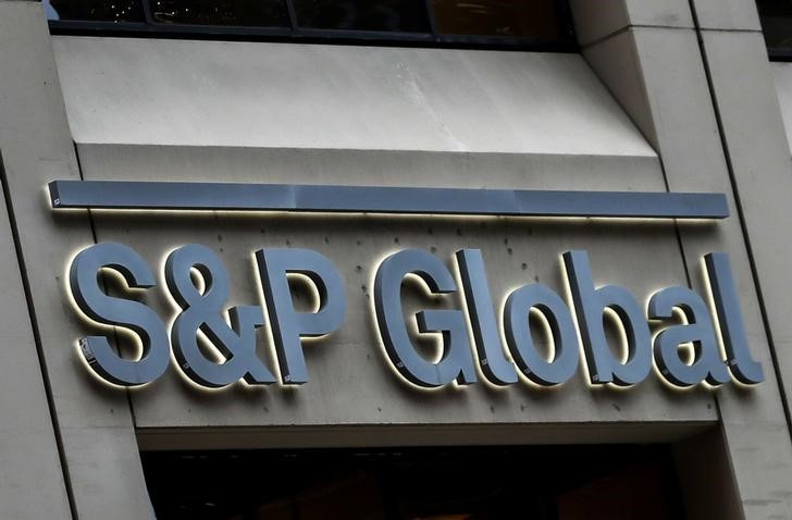 The S&P Global logo is displayed on its offices in the financial district in New York City
