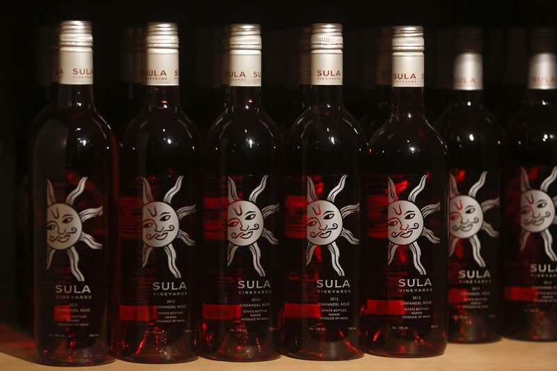 Bottles of Sula Zinfandel Rose are pictured on a wine shelf at a wine and tapas bar, in Mumbai
