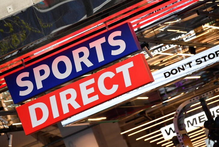 Branding for Sports Direct is seen at a branch of the sport and leisure wear retailer in London