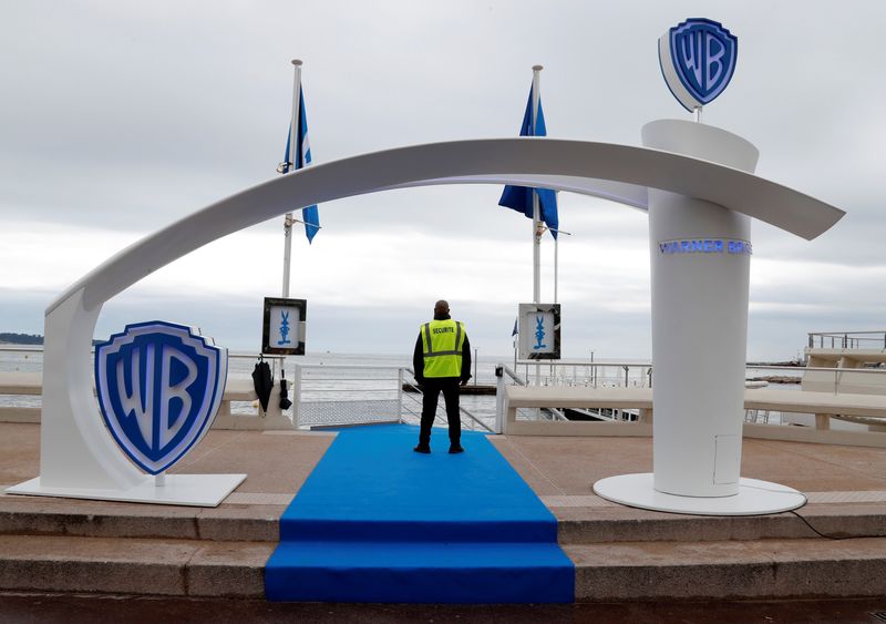 The logo of Warner Bros entertainment company  is seen during the MIPTV, the International Television Programs Market, in Cannes