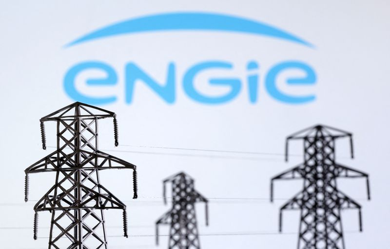 Illustration shows Electric power transmission pylon miniatures and Engie logo