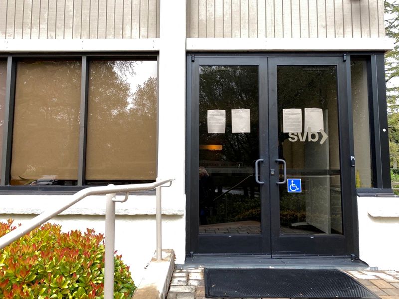 FILE PHOTO: A locked door to a Silicon Valley Bank location on Sand Hill Road is seen in Menlo Park,