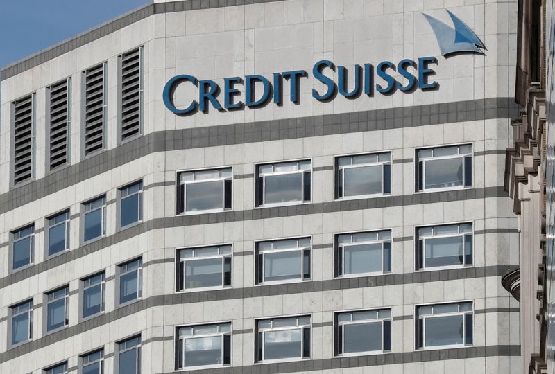 FILE PHOTO: The Credit Suisse logo is seen at their offices at Canary Wharf financial district in London
