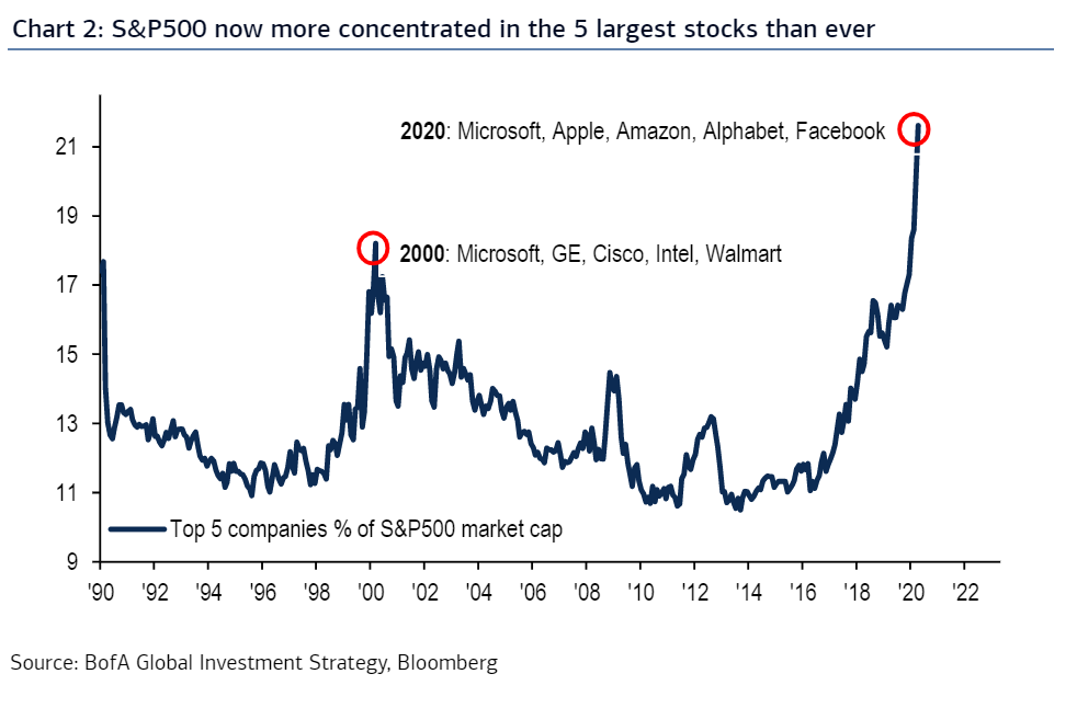 Part des 5 premières capitalisations du S&P500 dans l'indice