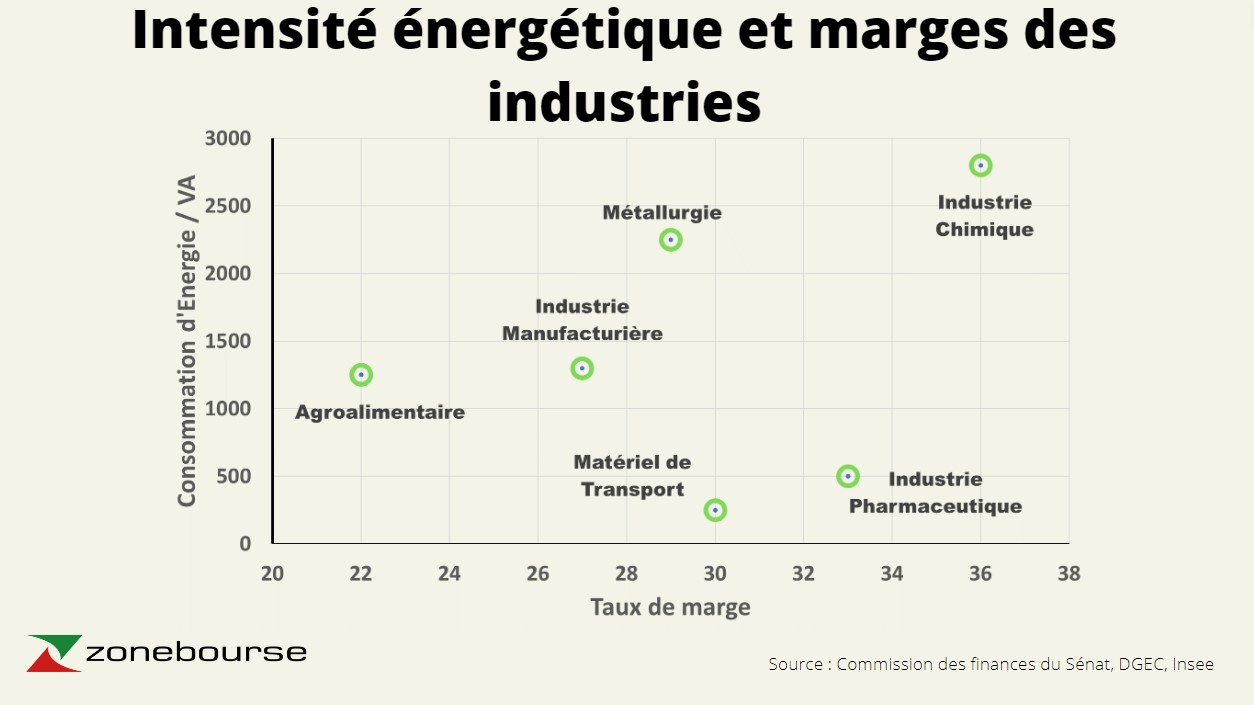 Intensité énergétique et marges des industries (Source Sénat avec DGEC, Insee / cliquer pour agrandir))